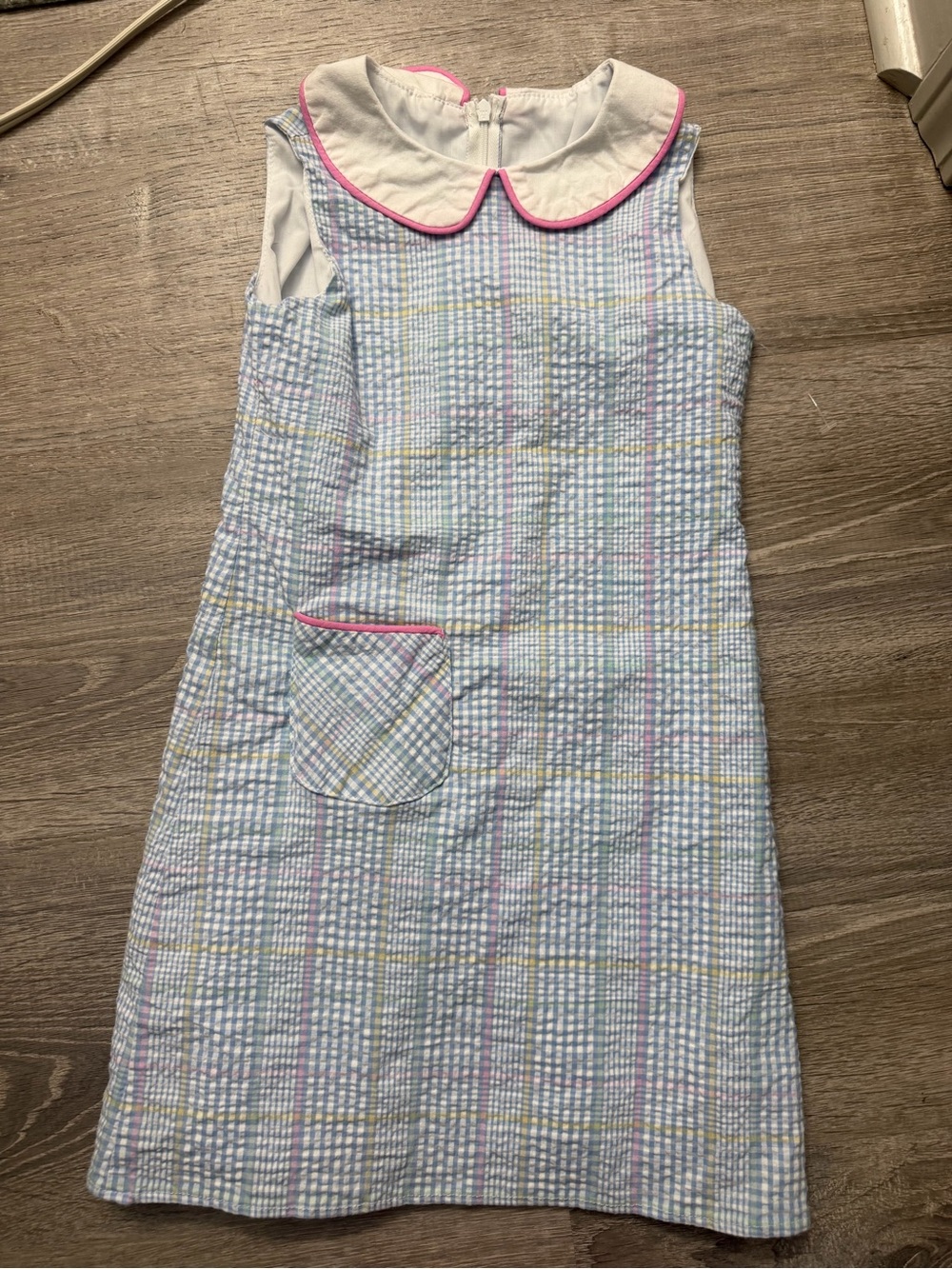Girls' Pastel Plaid Sleeveless Dress with Pink-Trim Peter Pan Collar